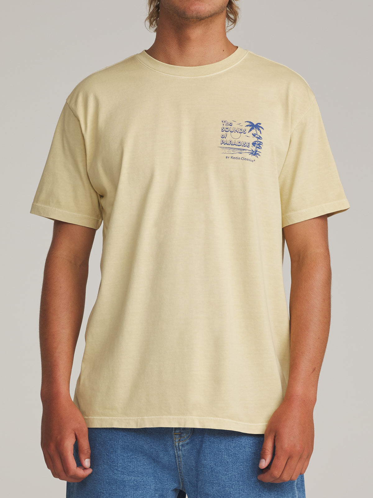 Katin Sonics Tee in Dusty Yellow Vintage Wash - worn on model, front