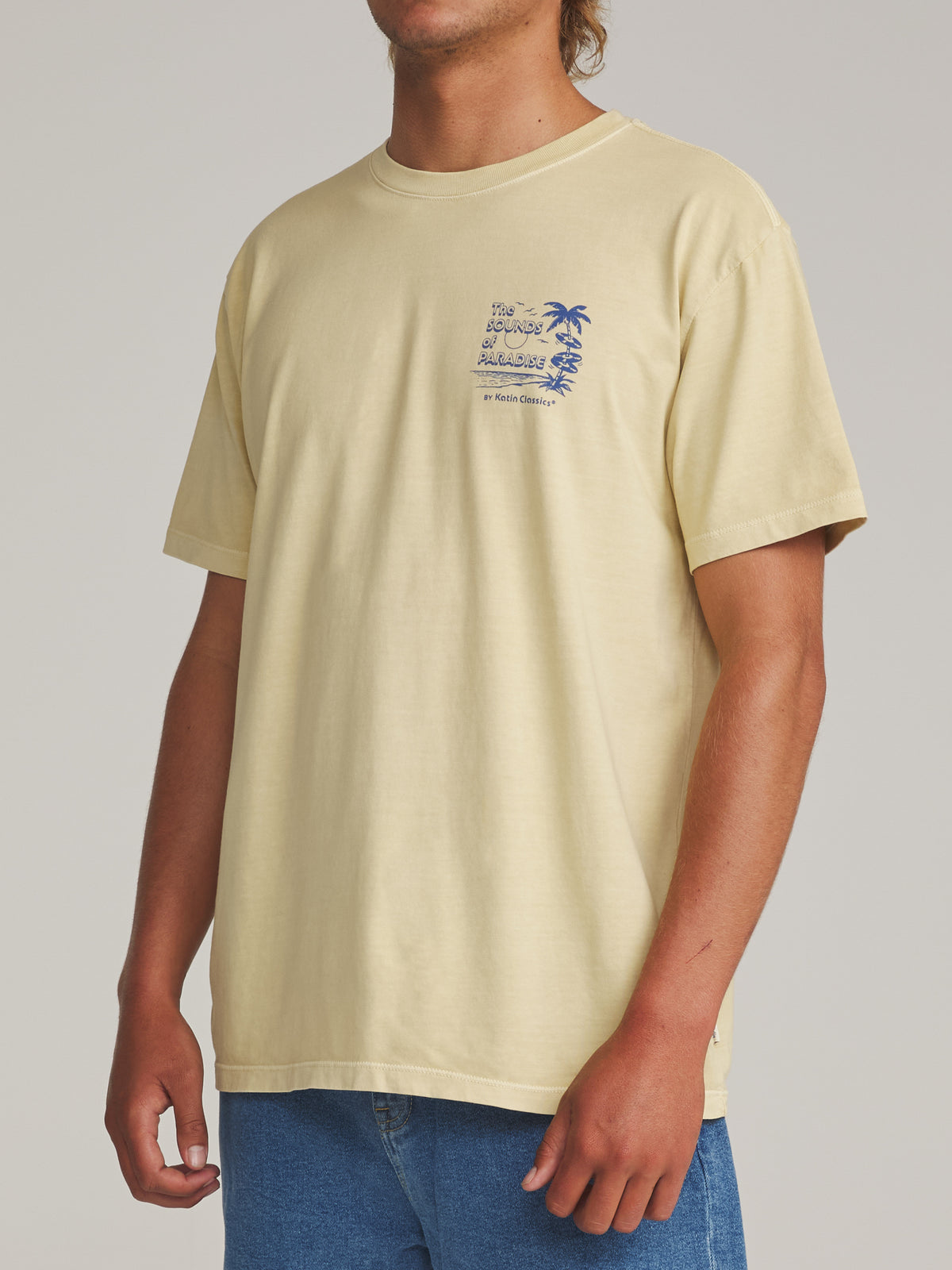 Katin Sonics Tee in Dusty Yellow Vintage Wash - worn on model, side