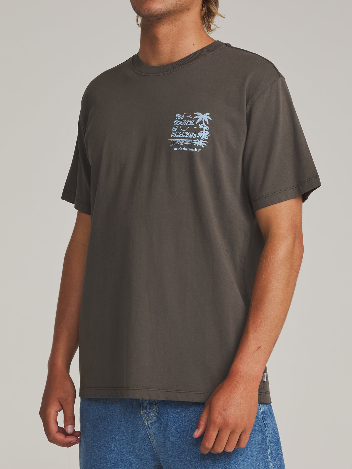 Katin Sonics Tee in Lead Vintage Wash - worn on model, side