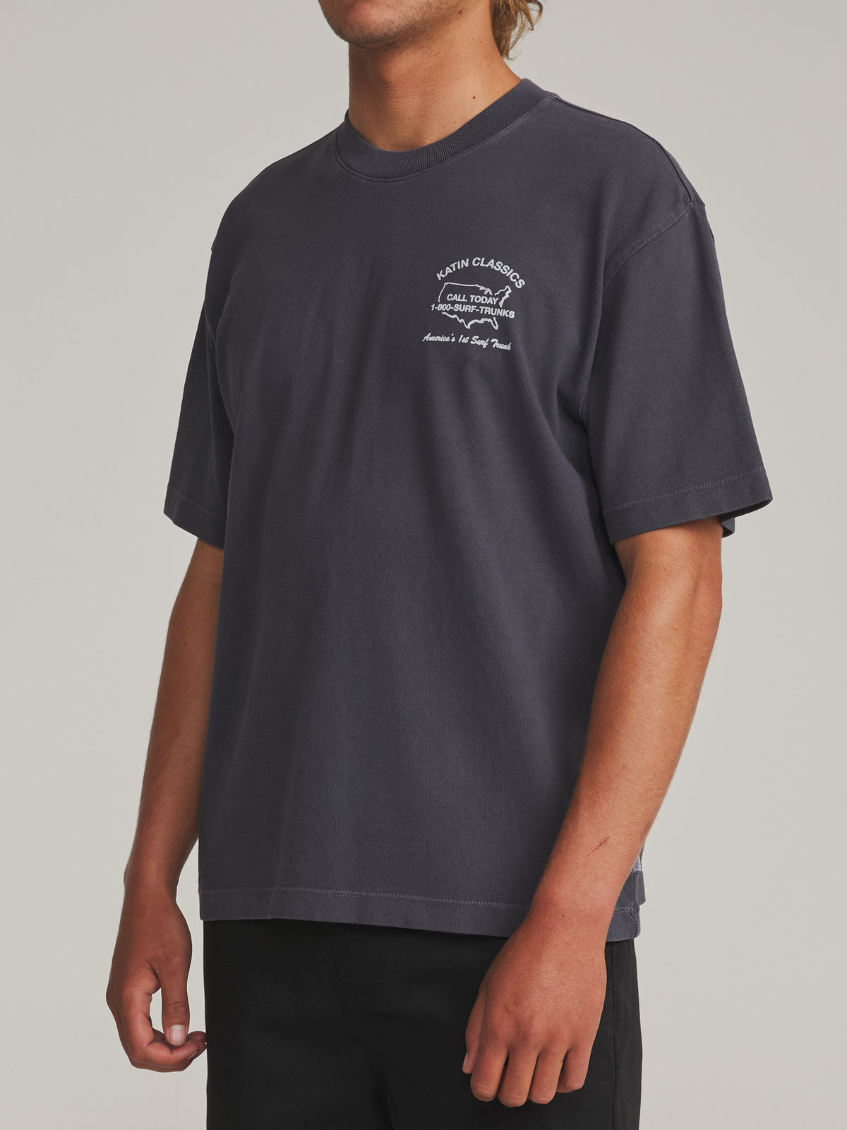 Katin States Box Fit Tee in Polar Navy Vintage Wash - worn on model, side