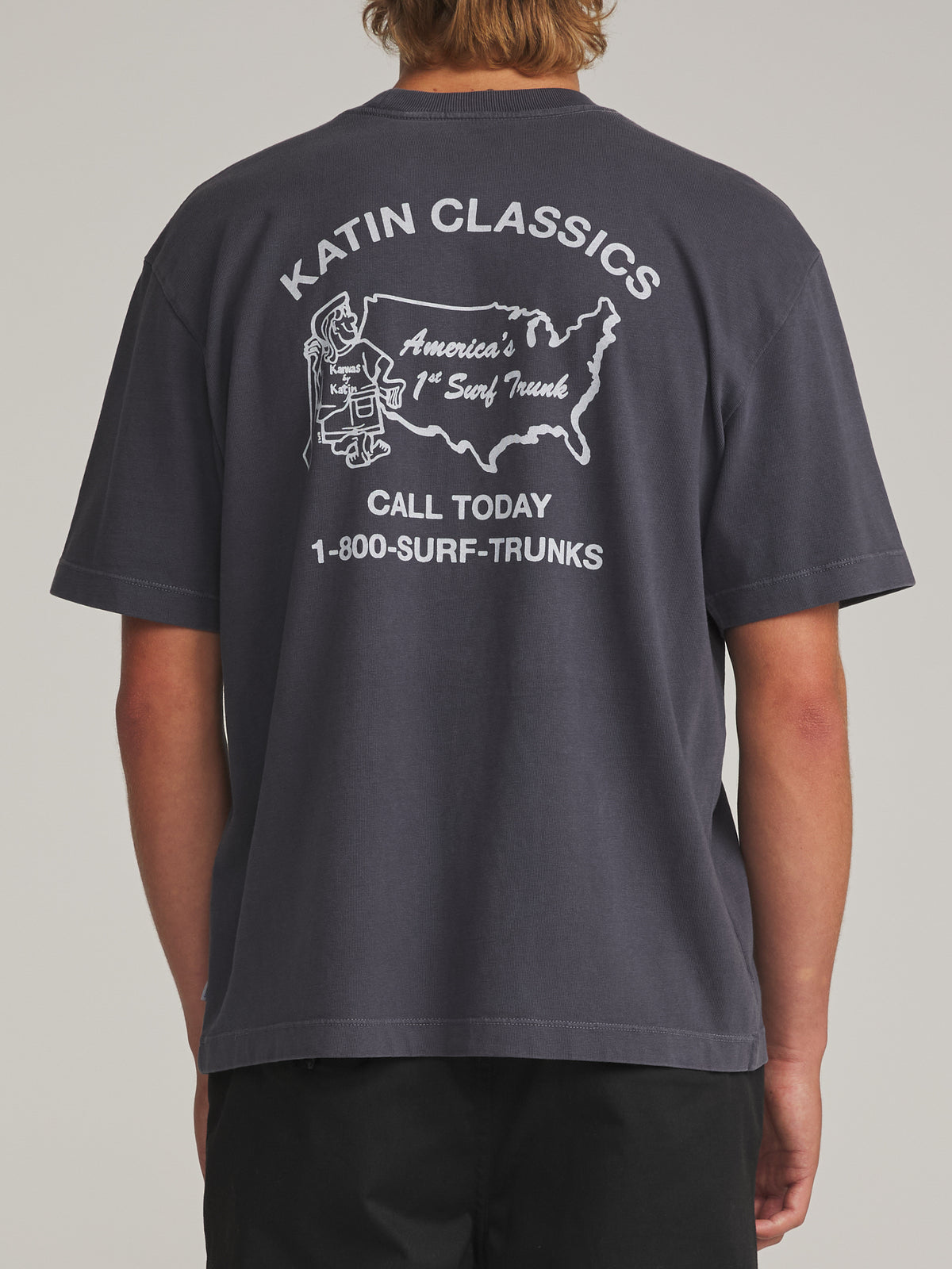 Katin States Box Fit Tee in Polar Navy Vintage Wash - worn on model, back