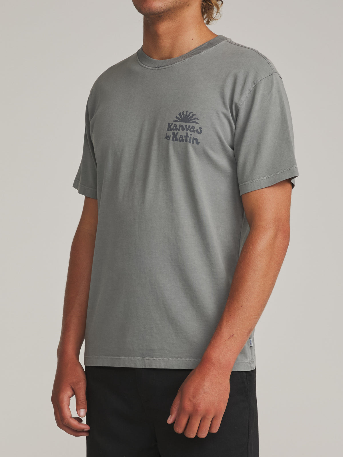 Katin Topanga Tee in Graphite Vintage Wash - worn on model, side