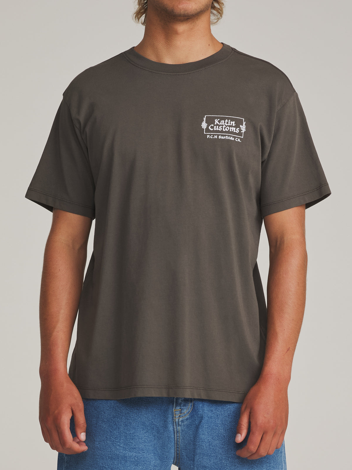 Katin Void Tee in Lead Vintage Wash - worn on model, front
