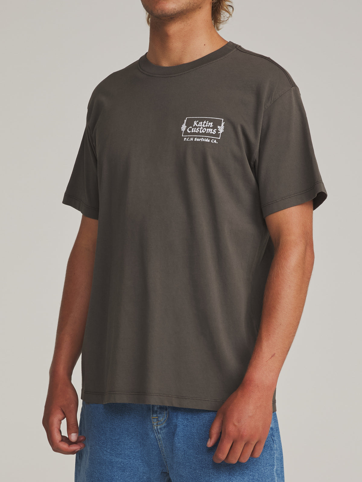Katin Void Tee in Lead Vintage Wash - worn on model, side