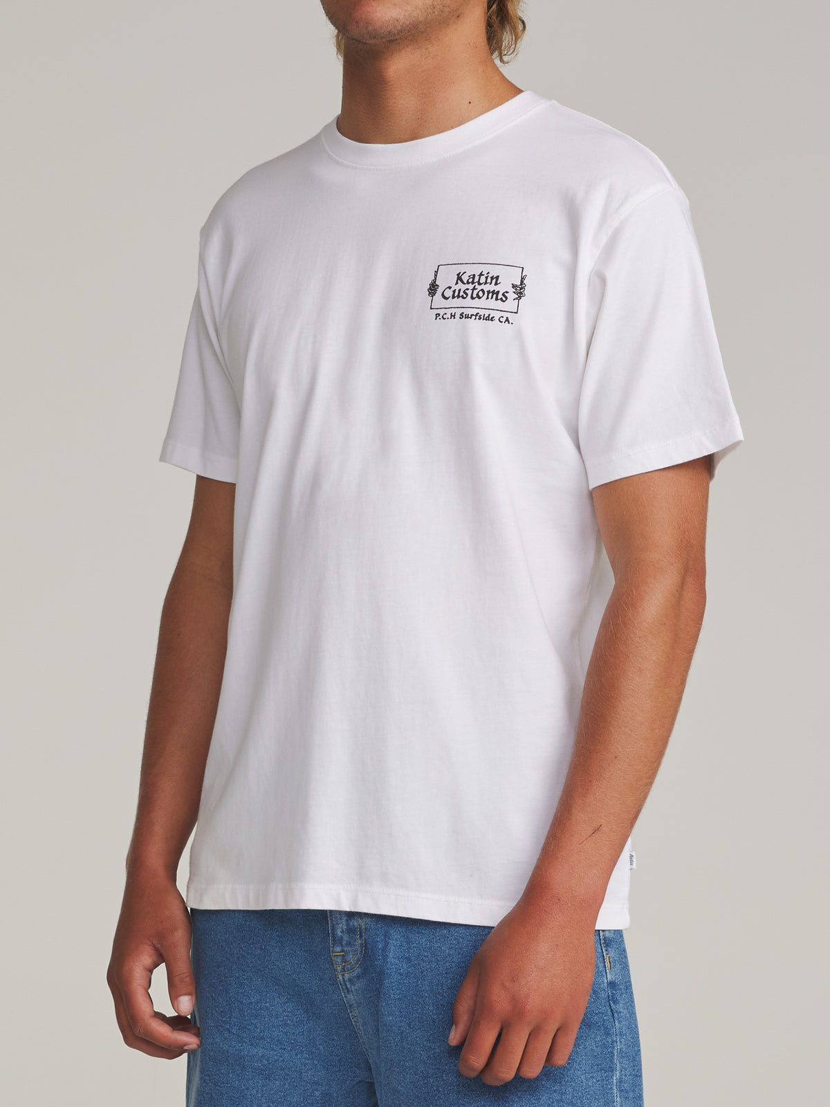 Katin Void Tee in White - worn on model, side