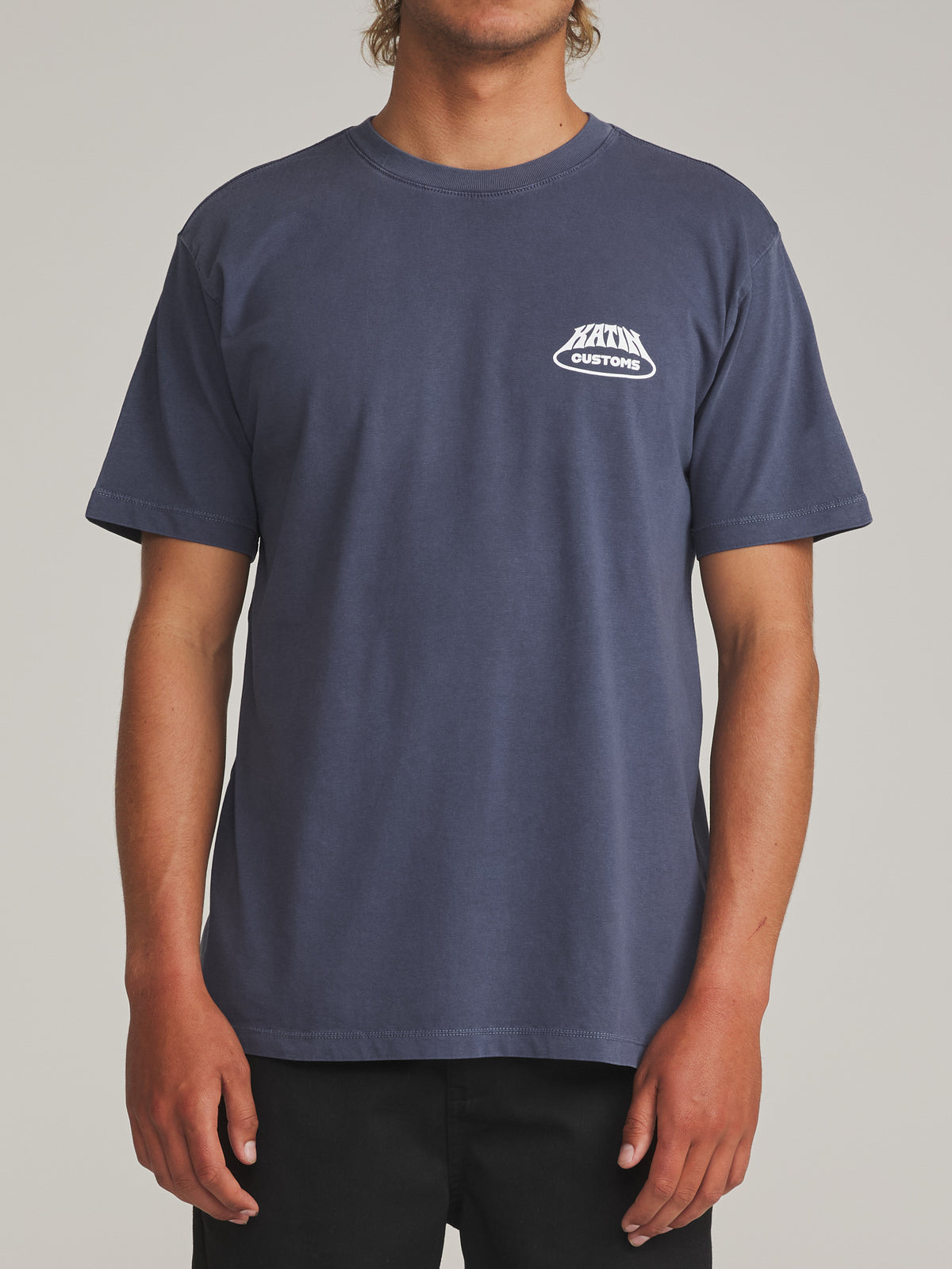 Katin Voyager Tee in Washed Blue Vintage Wash - worn on model, front