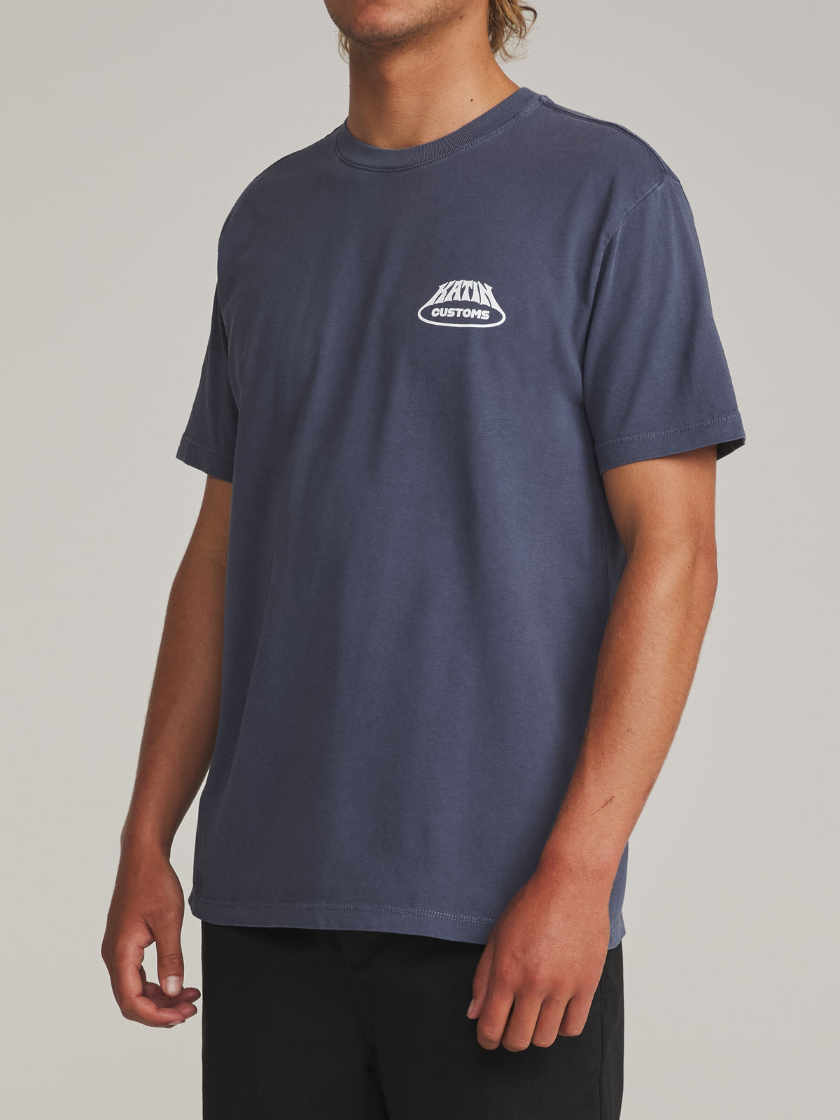 Katin Voyager Tee in Washed Blue Vintage Wash - worn on model, side