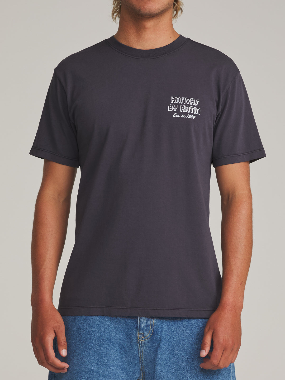 Katin Yesterday Tee in Polar Navy Vintage Wash - worn on model, front