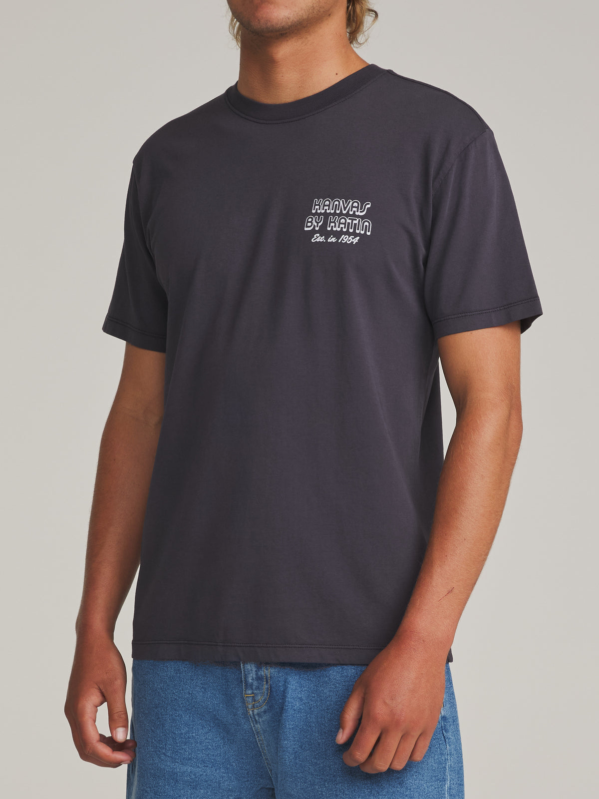 Katin Yesterday Tee in Polar Navy Vintage Wash - worn on model, side