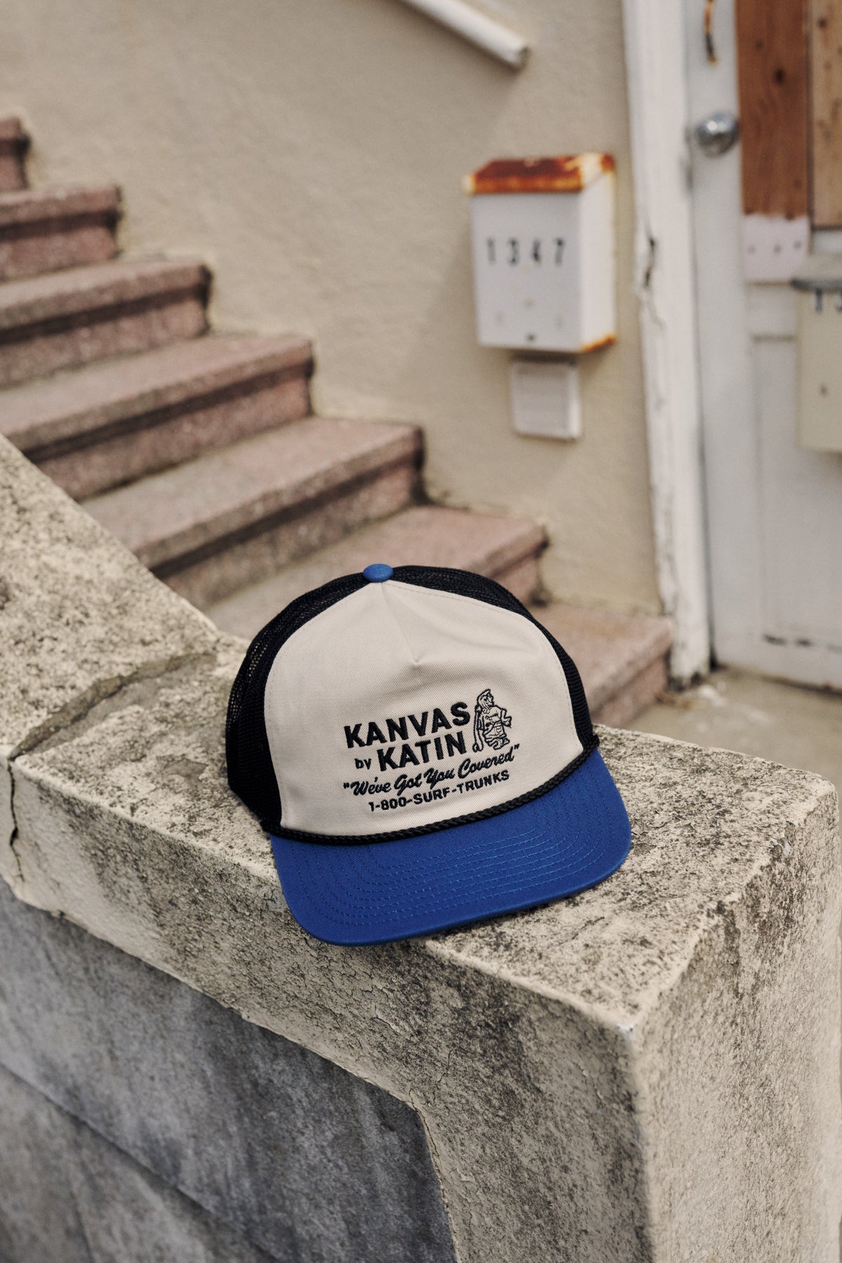Katin fa26 hats service trucker hat vintage white washed blue ecom lifestyle frame 0342