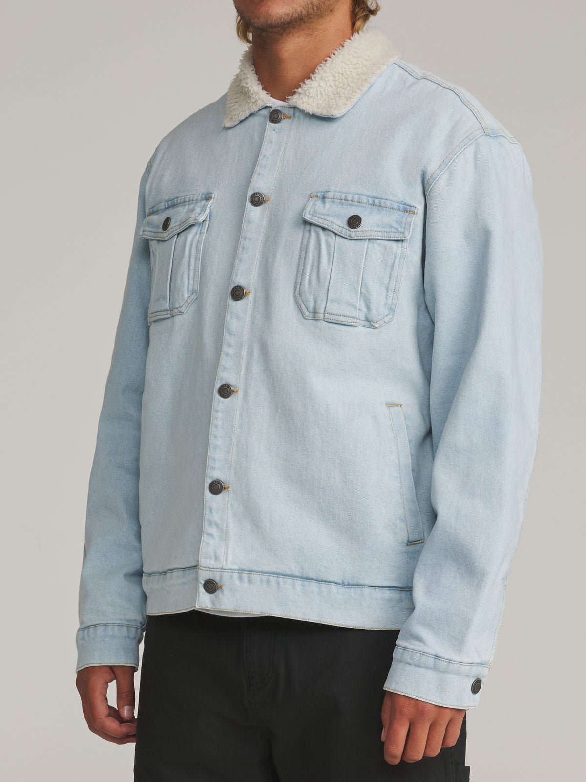 Katin Harris Denim Jacket in Light Indigo - worn on model, side