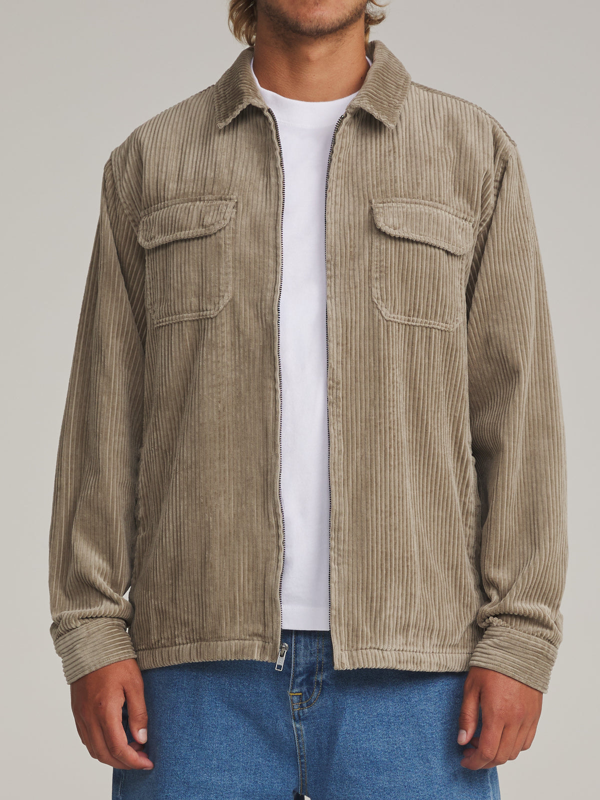 Katin Kane Jacket in Vintage Khaki - worn on model, front