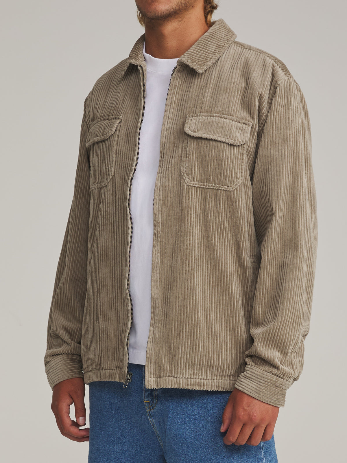 Katin Kane Jacket in Vintage Khaki - worn on model, side
