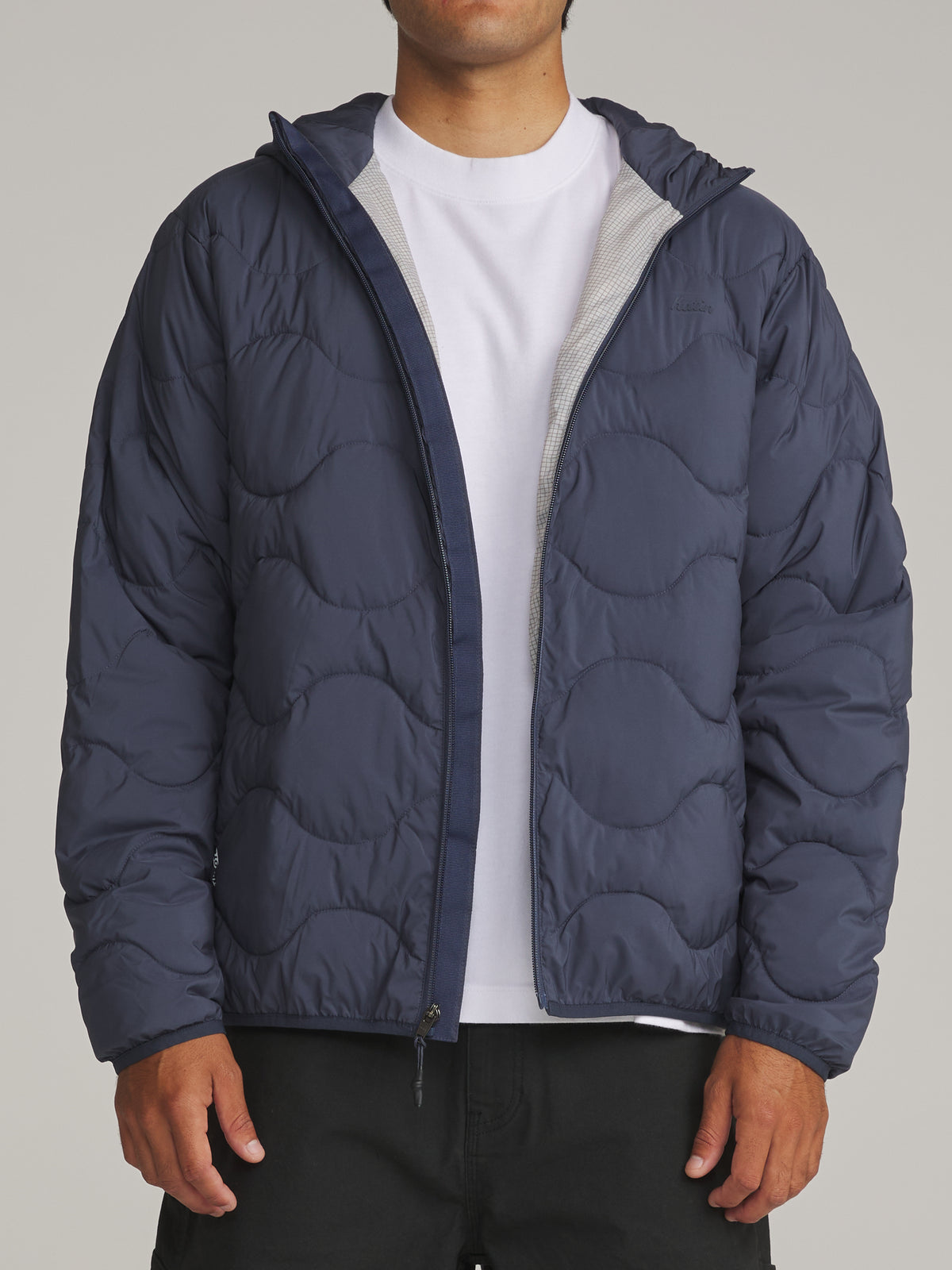 Katin Otg Henson Hooded Puffer in Washed Blue - worn on model, front