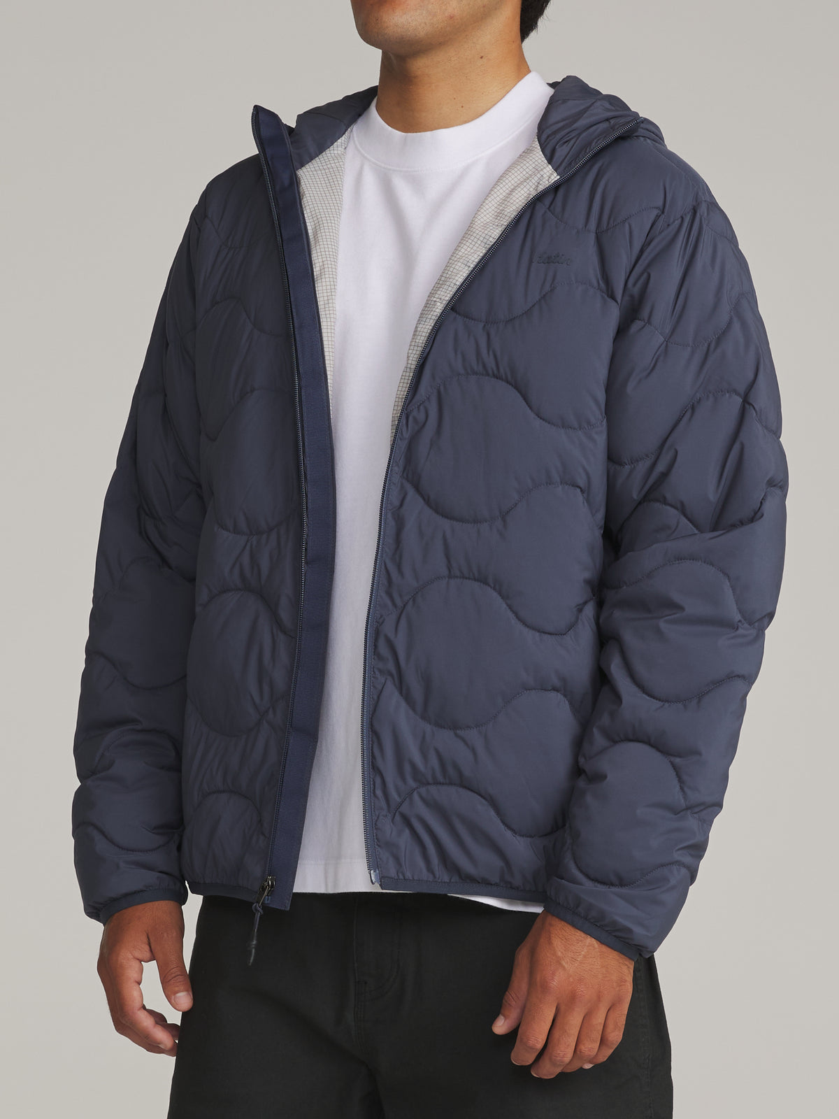 Katin Otg Henson Hooded Puffer in Washed Blue - worn on model, side