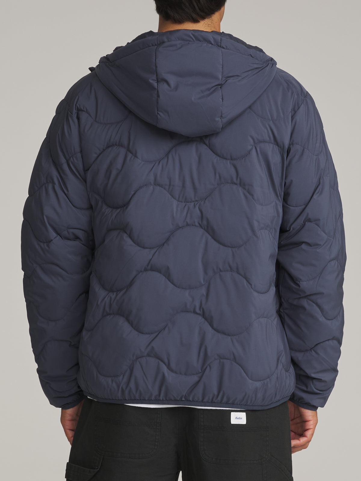 Katin Otg Henson Hooded Puffer in Washed Blue - worn on model, back