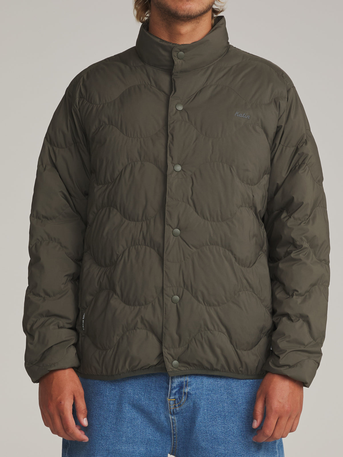 Katin Otg Ross Puffer in Lead - worn on model, front