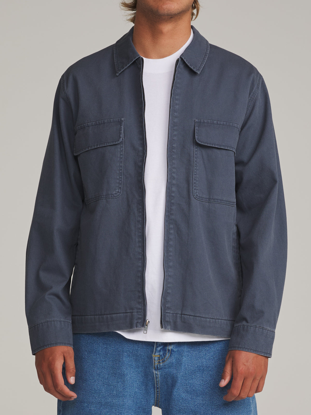 Katin Petrol Jacket in Washed Blue - worn on model, front
