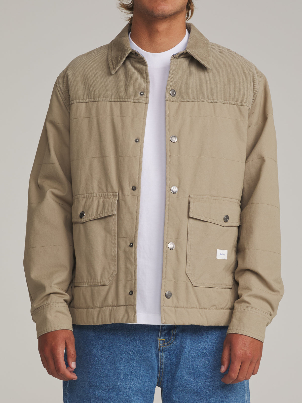 Katin Yukon Jacket in Khaki - worn on model, front