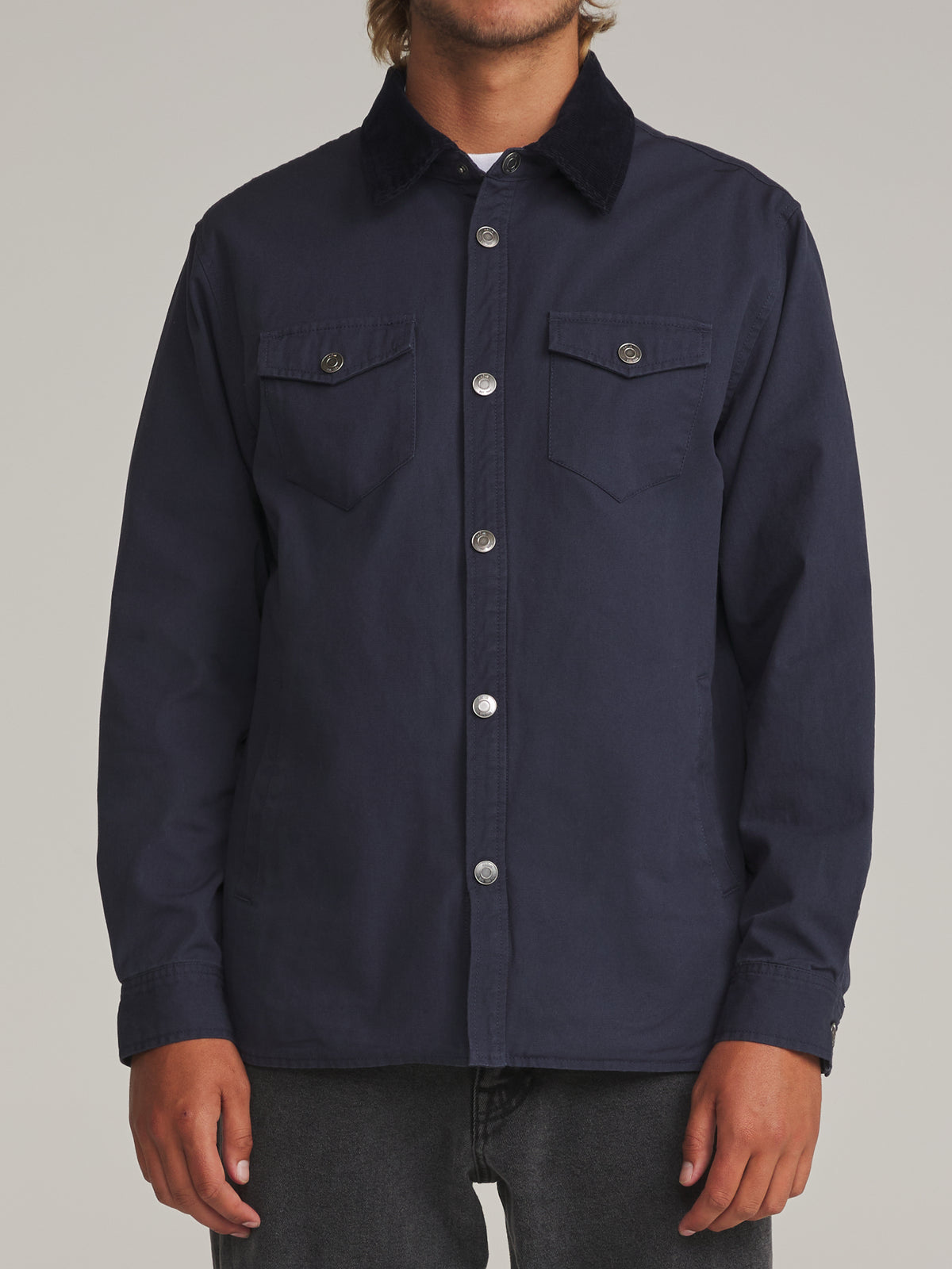 Katin Campbell Shirt Jacket in Indigo - worn on model, front