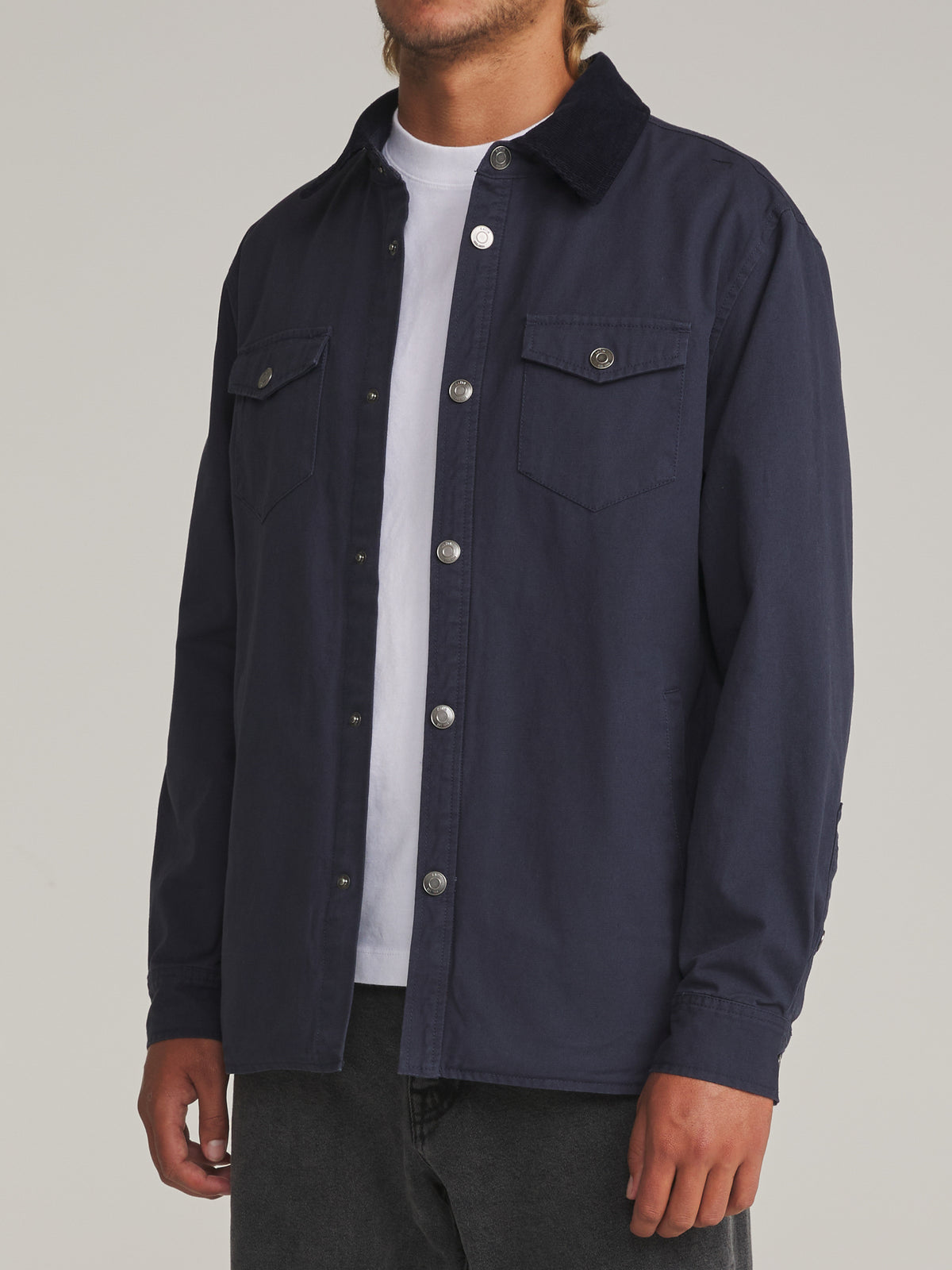Katin Campbell Shirt Jacket in Indigo - worn on model, side alternate