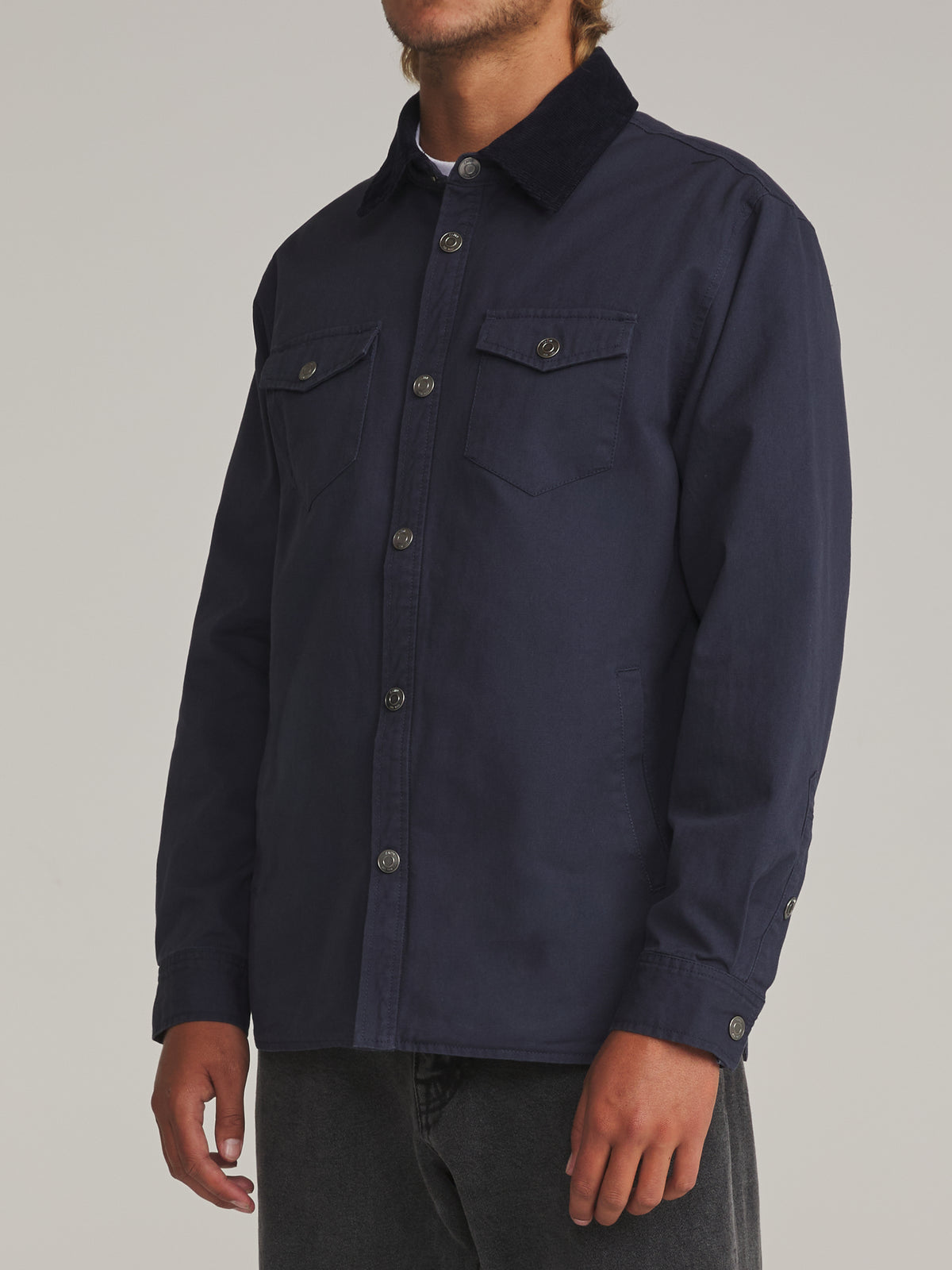 Katin Campbell Shirt Jacket in Indigo - worn on model, side