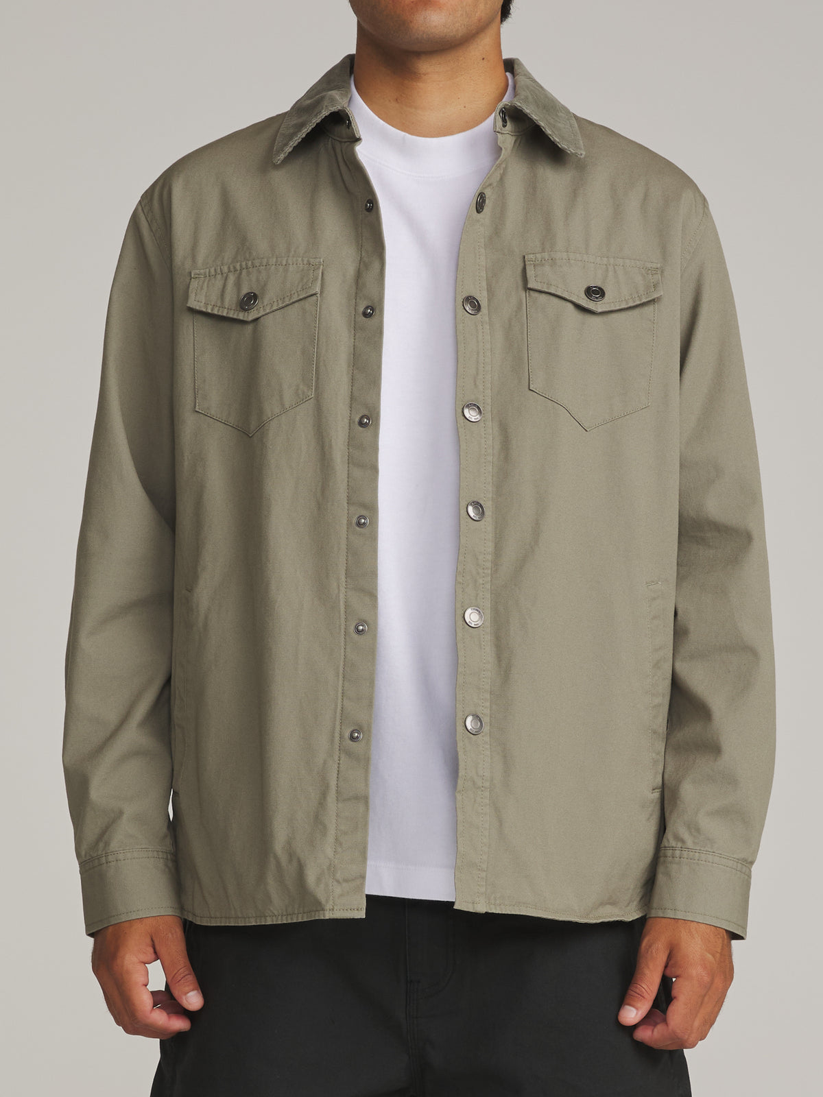 Katin Campbell Shirt Jacket in Olive - worn on model, front