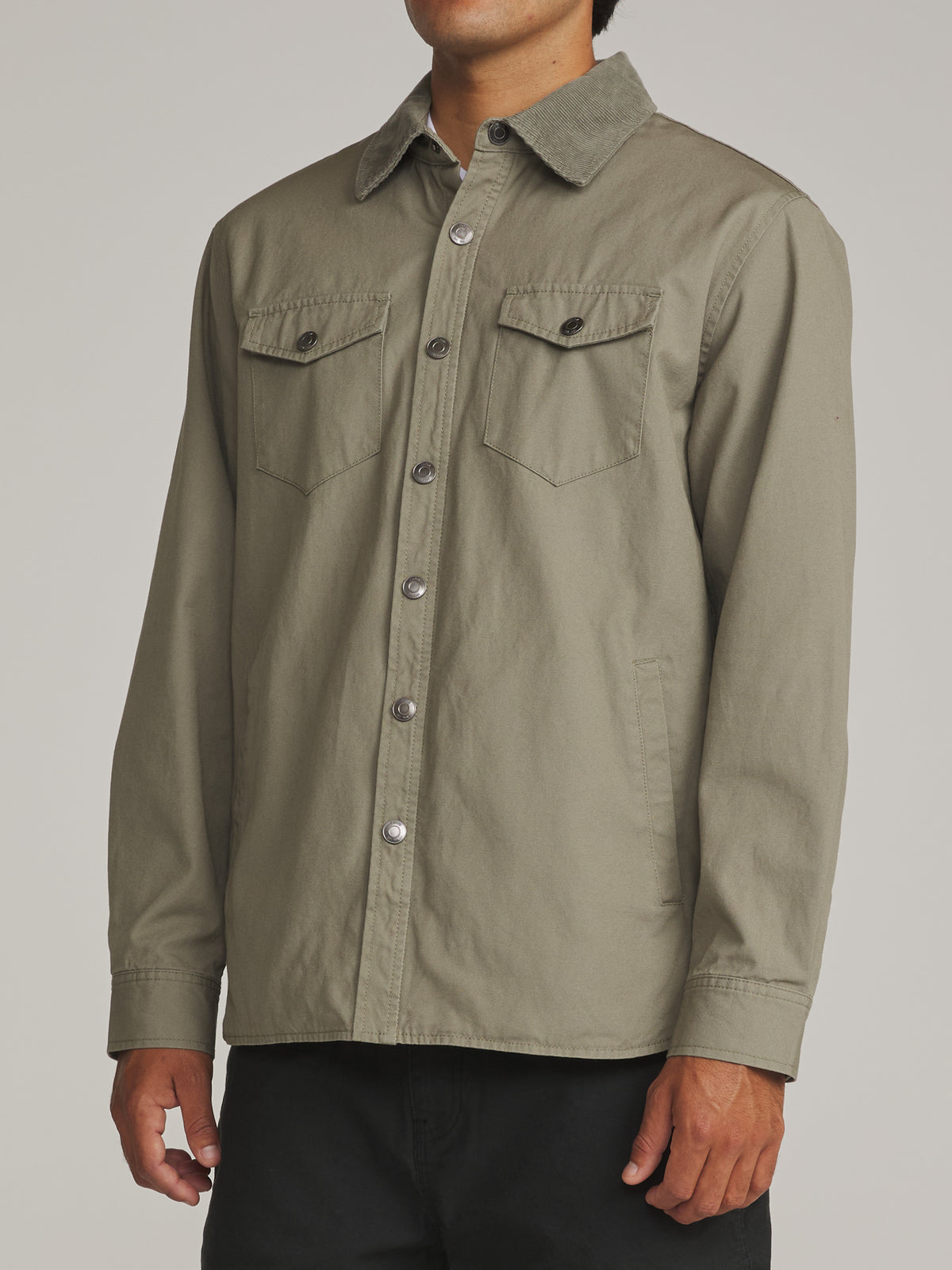 Katin Campbell Shirt Jacket in Olive - worn on model, side alternate
