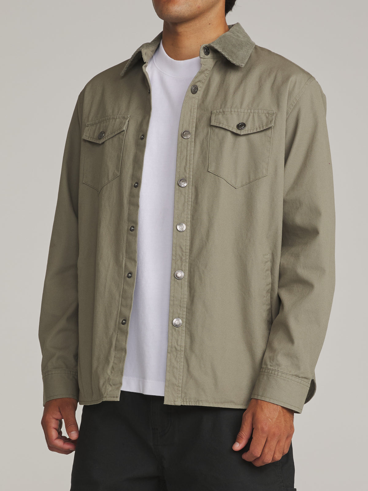 Katin Campbell Shirt Jacket in Olive - worn on model, side