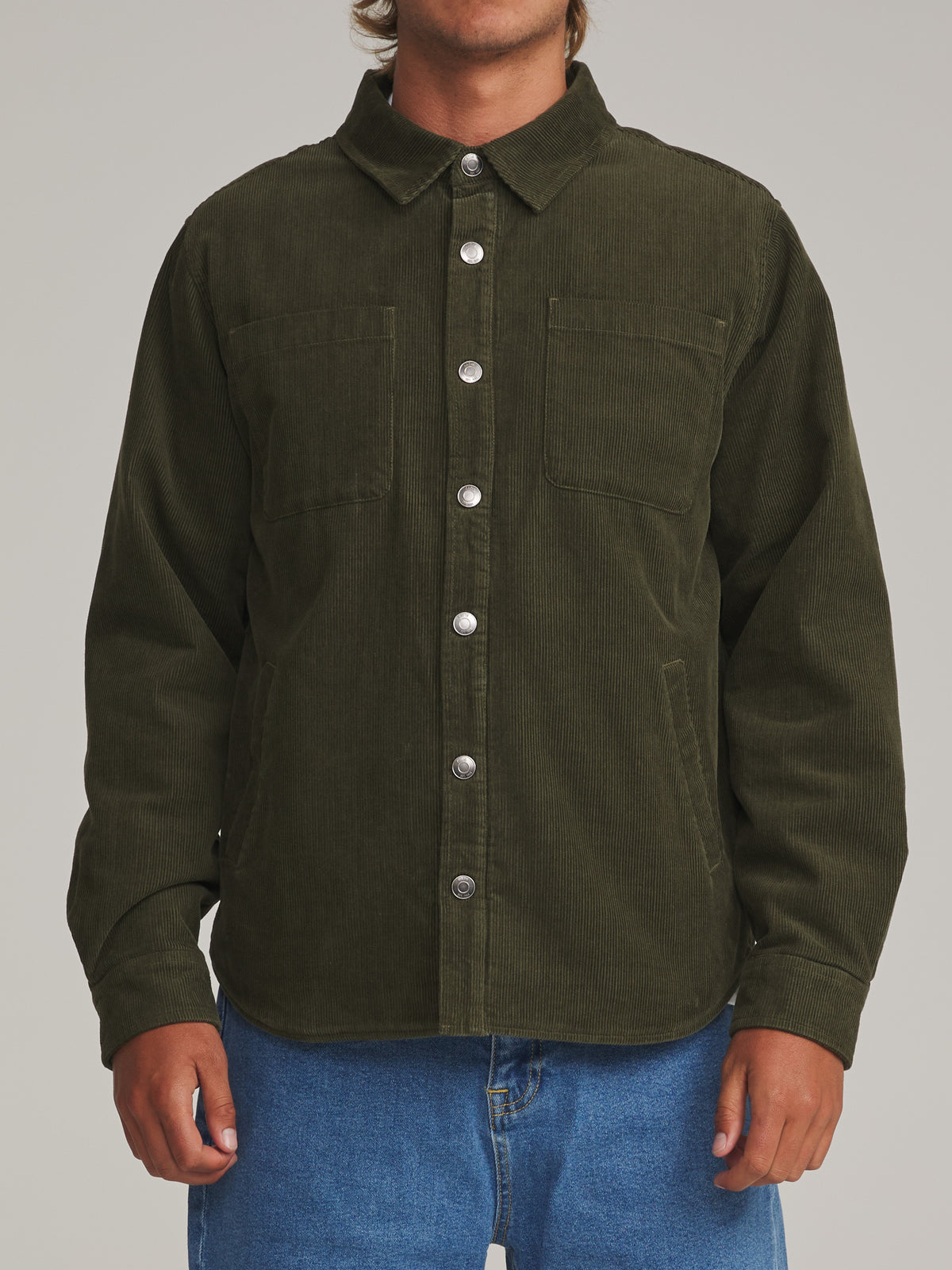 Katin Harold Corduroy Shirt Jacket in Dark Olive - worn on model, front alternate