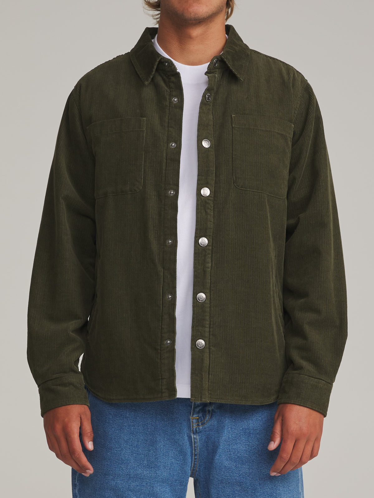Katin Harold Corduroy Shirt Jacket in Dark Olive - worn on model, front
