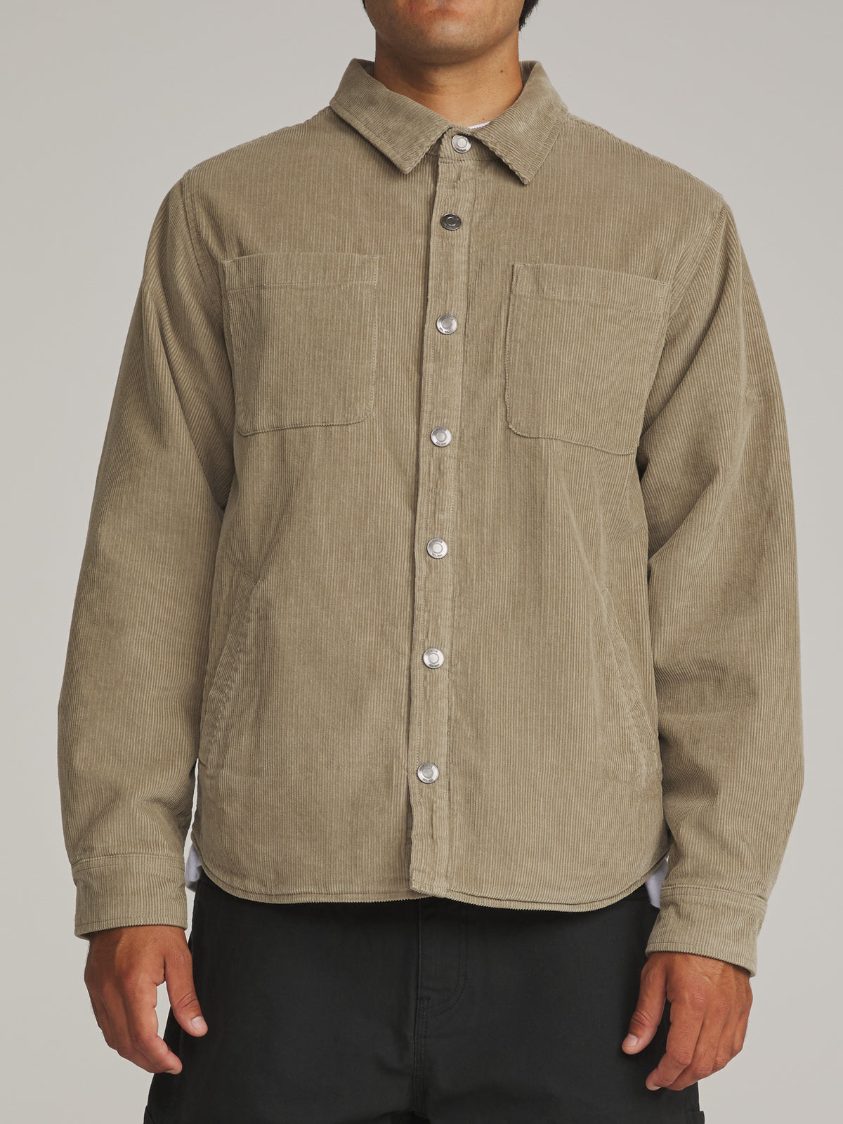Katin Harold Corduroy Shirt Jacket in Khaki - worn on model, front alternate