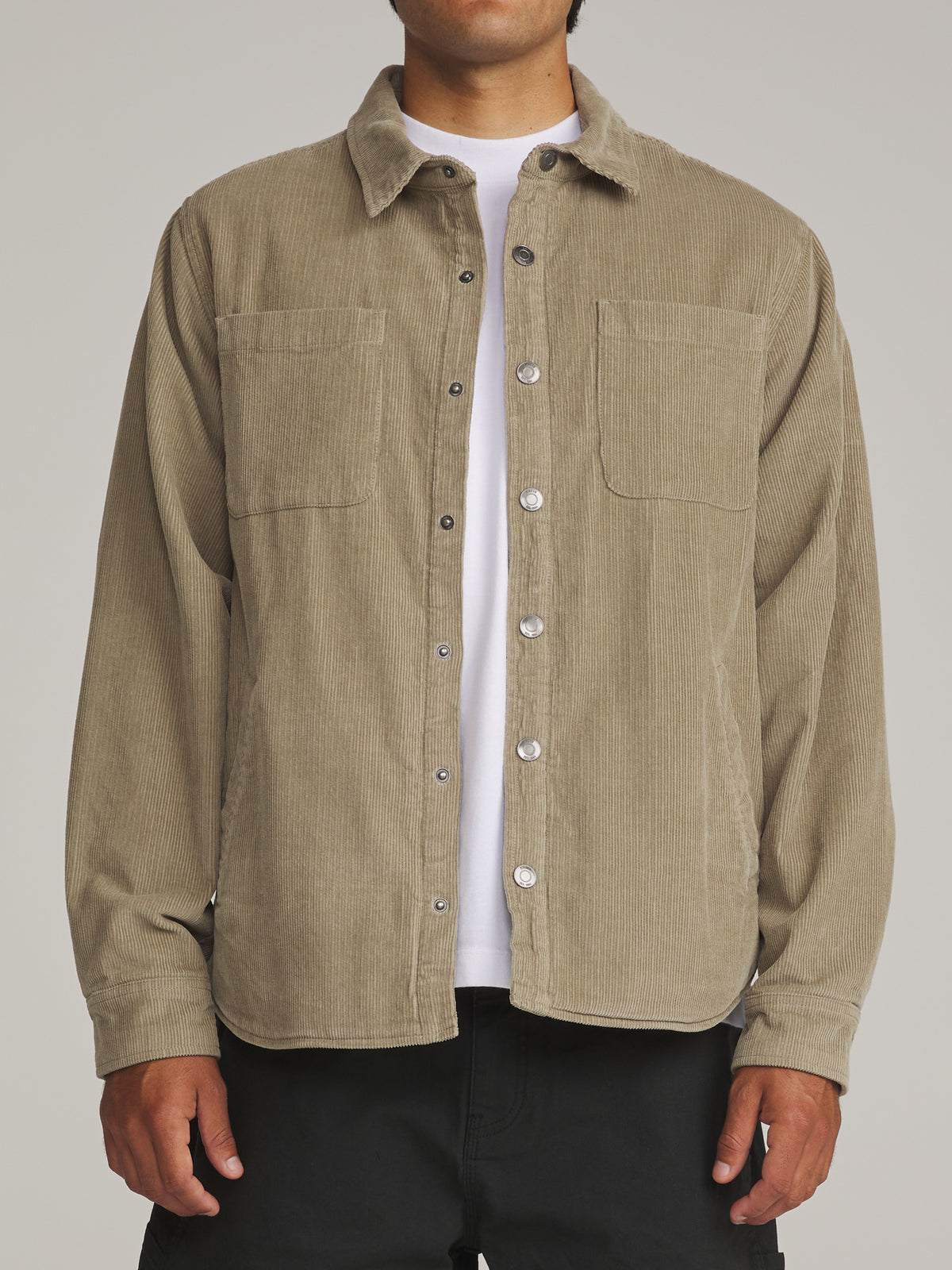 Katin Harold Corduroy Shirt Jacket in Khaki - worn on model, front