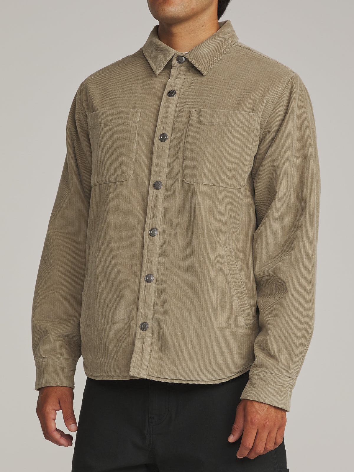 Katin Harold Corduroy Shirt Jacket in Khaki - worn on model, side alternate