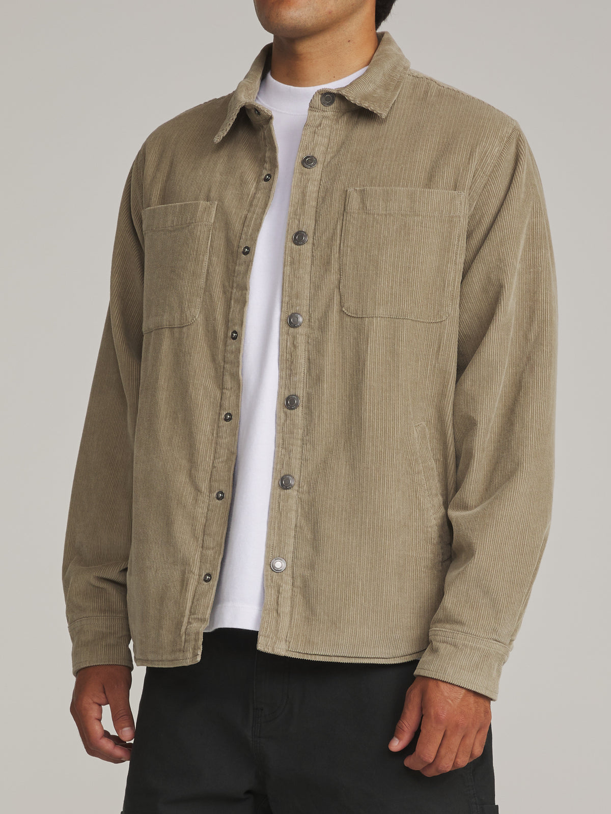 Katin Harold Corduroy Shirt Jacket in Khaki - worn on model, side