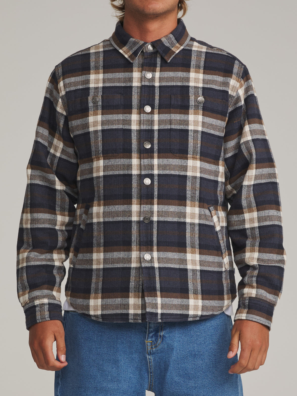 Katin Harold Plaid Shirt Jacket in Navy - worn on model, front alternate
