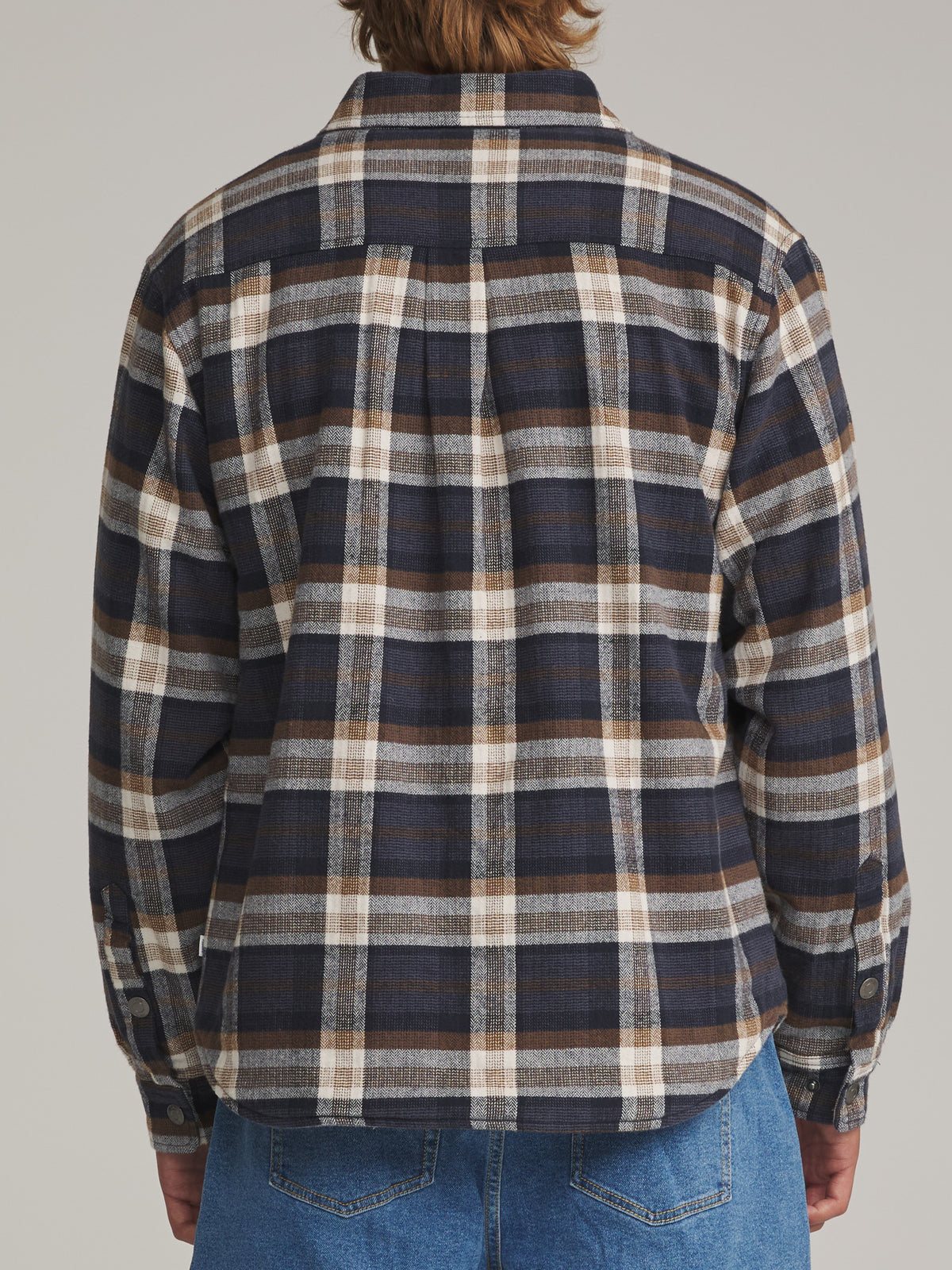 Katin Harold Plaid Shirt Jacket in Navy - worn on model, back