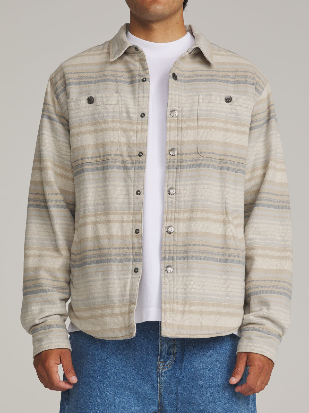 Katin Harold Stripe Shirt Jacket in Sand - worn on model, front