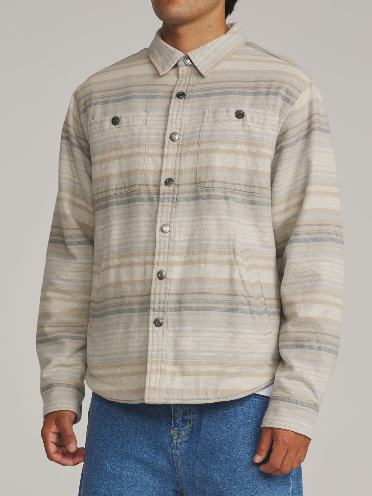 Katin Harold Stripe Shirt Jacket in Sand - worn on model, side alternate