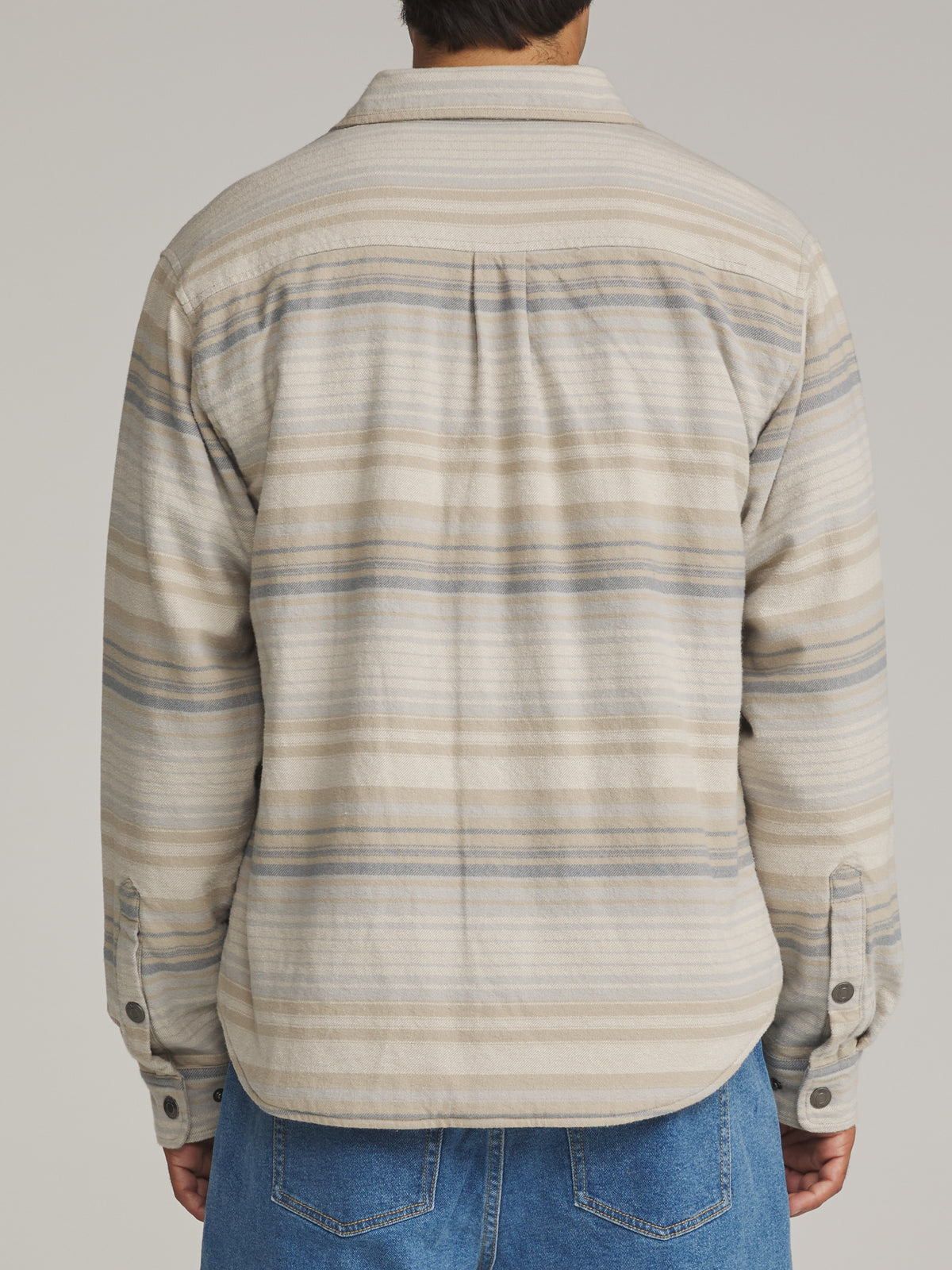 Katin Harold Stripe Shirt Jacket in Sand - worn on model, back