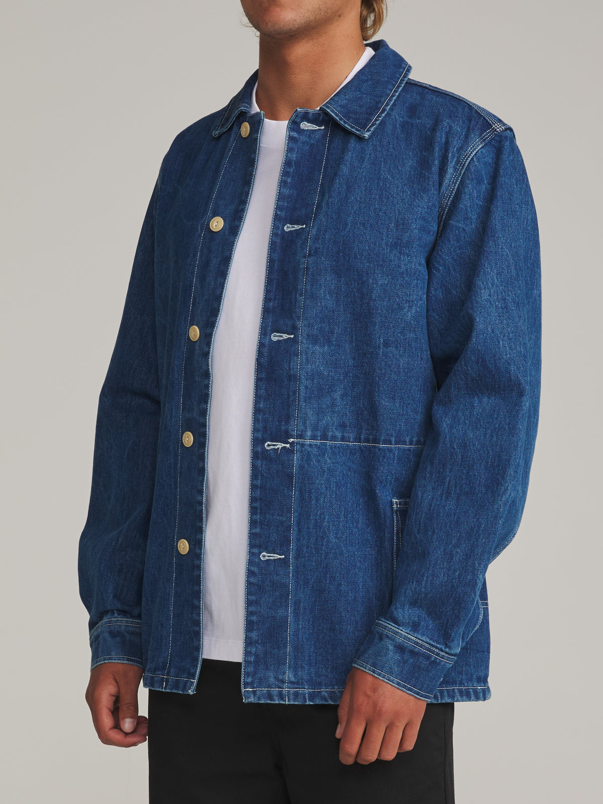 Katin Task Coat in Denim - worn on model, side