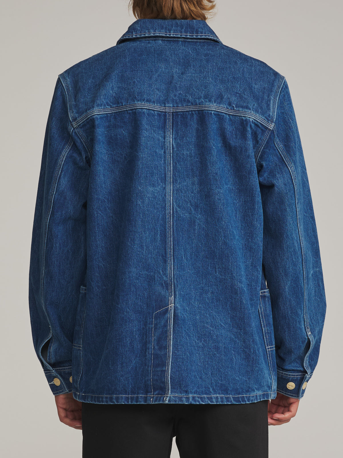 Katin Task Coat in Denim - worn on model, back