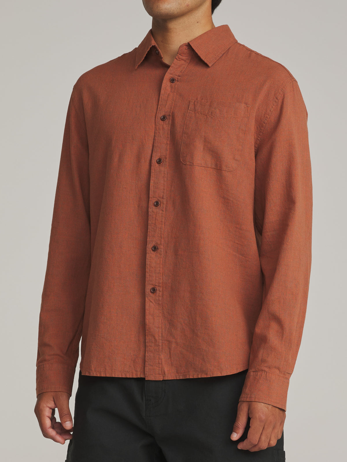 Katin Clyde Shirt in Rust - worn on model, side