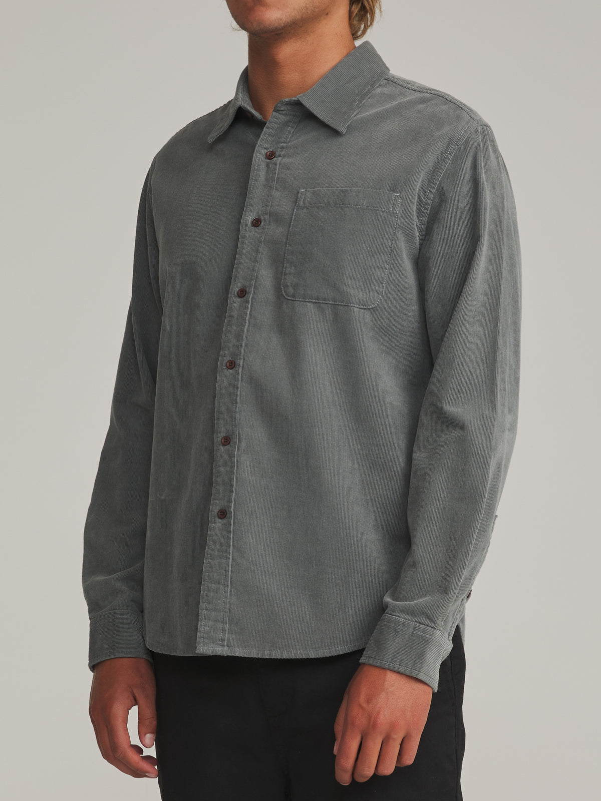 Katin Granada Shirt in Graphite - worn on model, side