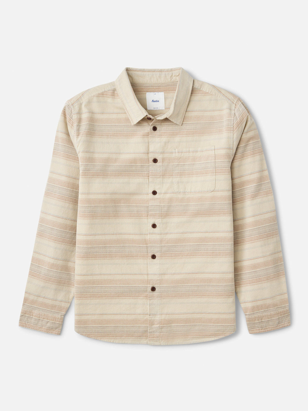 Katin Stevie Shirt in Pelican 18 wale corduroy with a yarn dyed stripe, flat, front #color_pelican