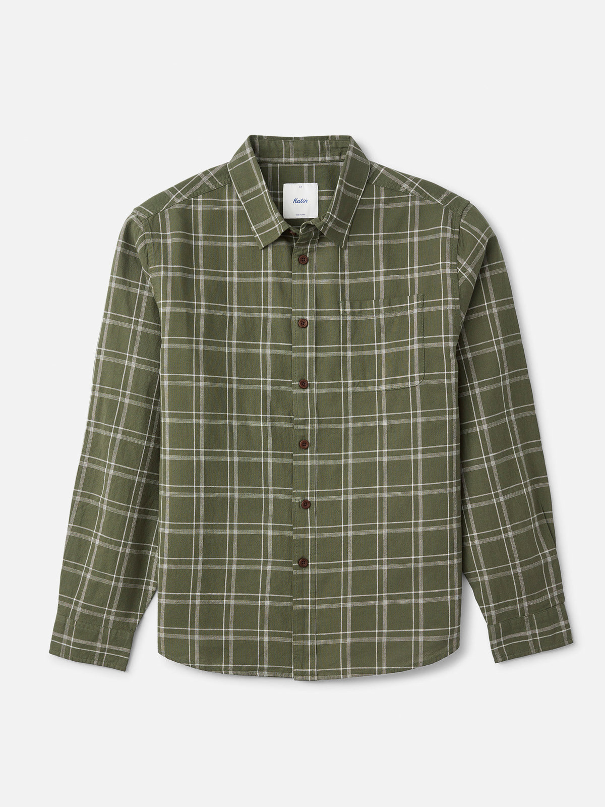 Katin Tack Shirt in Olive with a simple two-color plaid, flat, front #color_olive