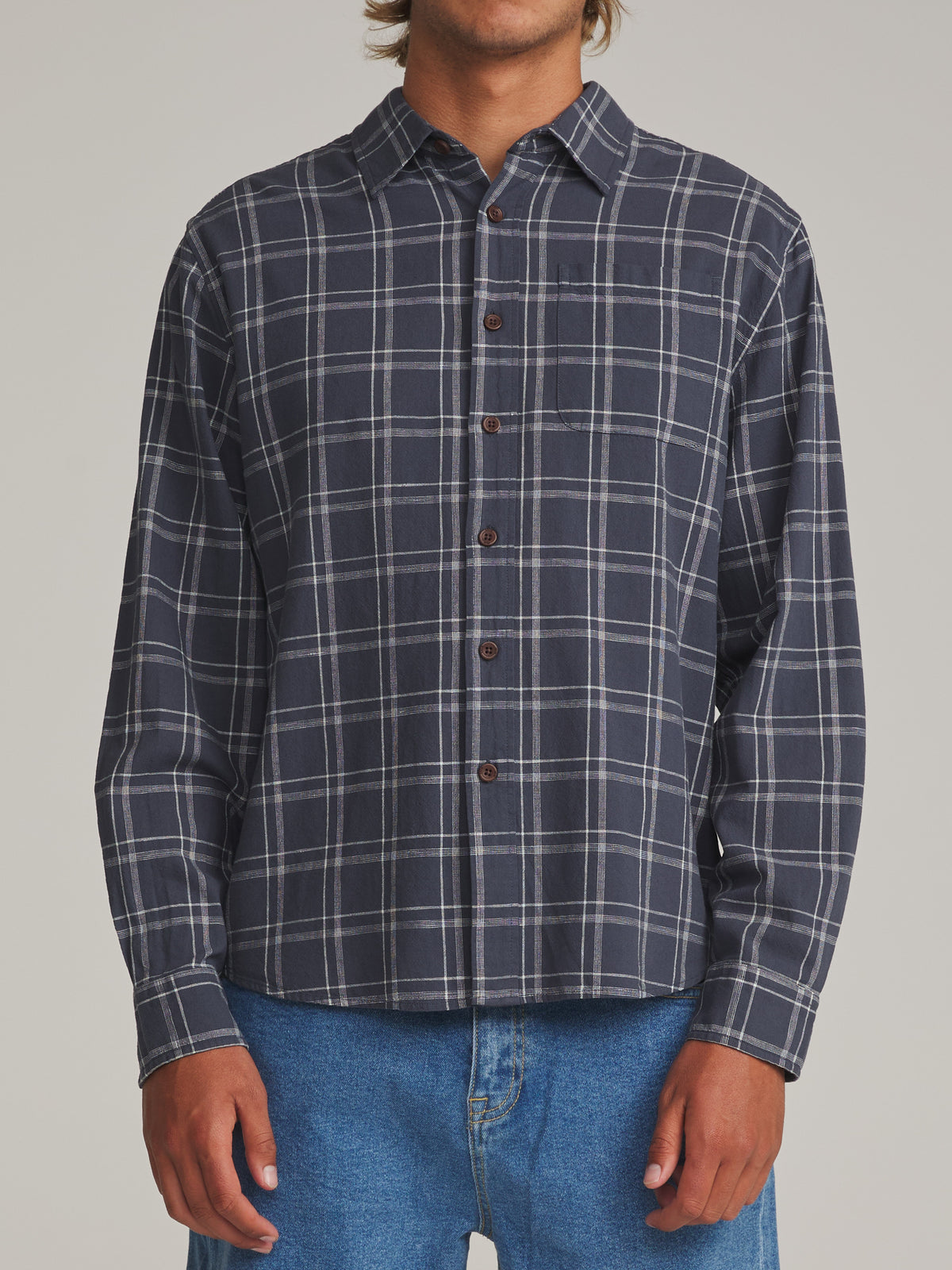 Katin Tack Shirt in Washed Blue - worn on model, front