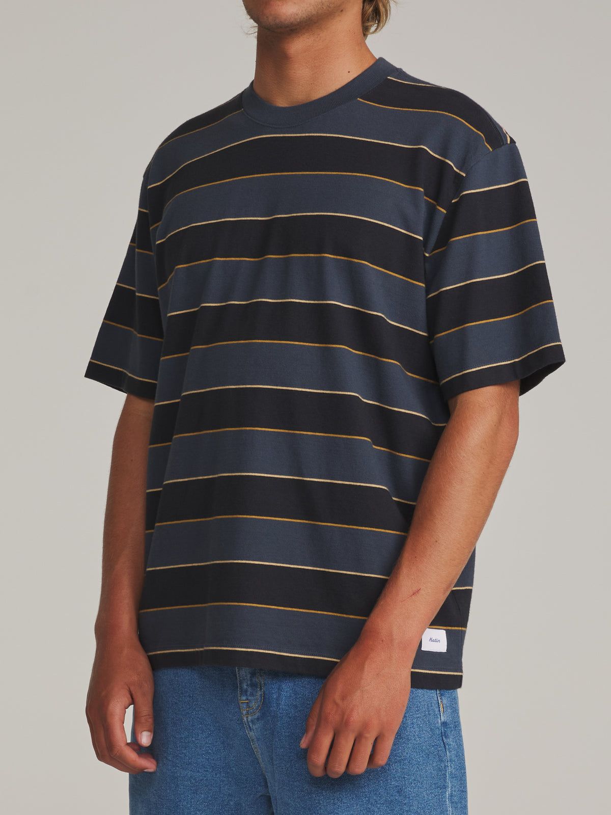 Katin Chip Box Fit Tee in Washed Blue - worn on model, side