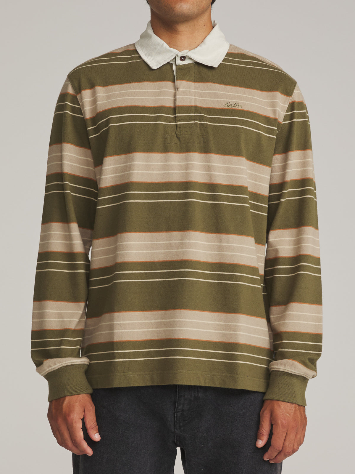 Katin Greg LS Rugby Polo in Olive - worn on model, front