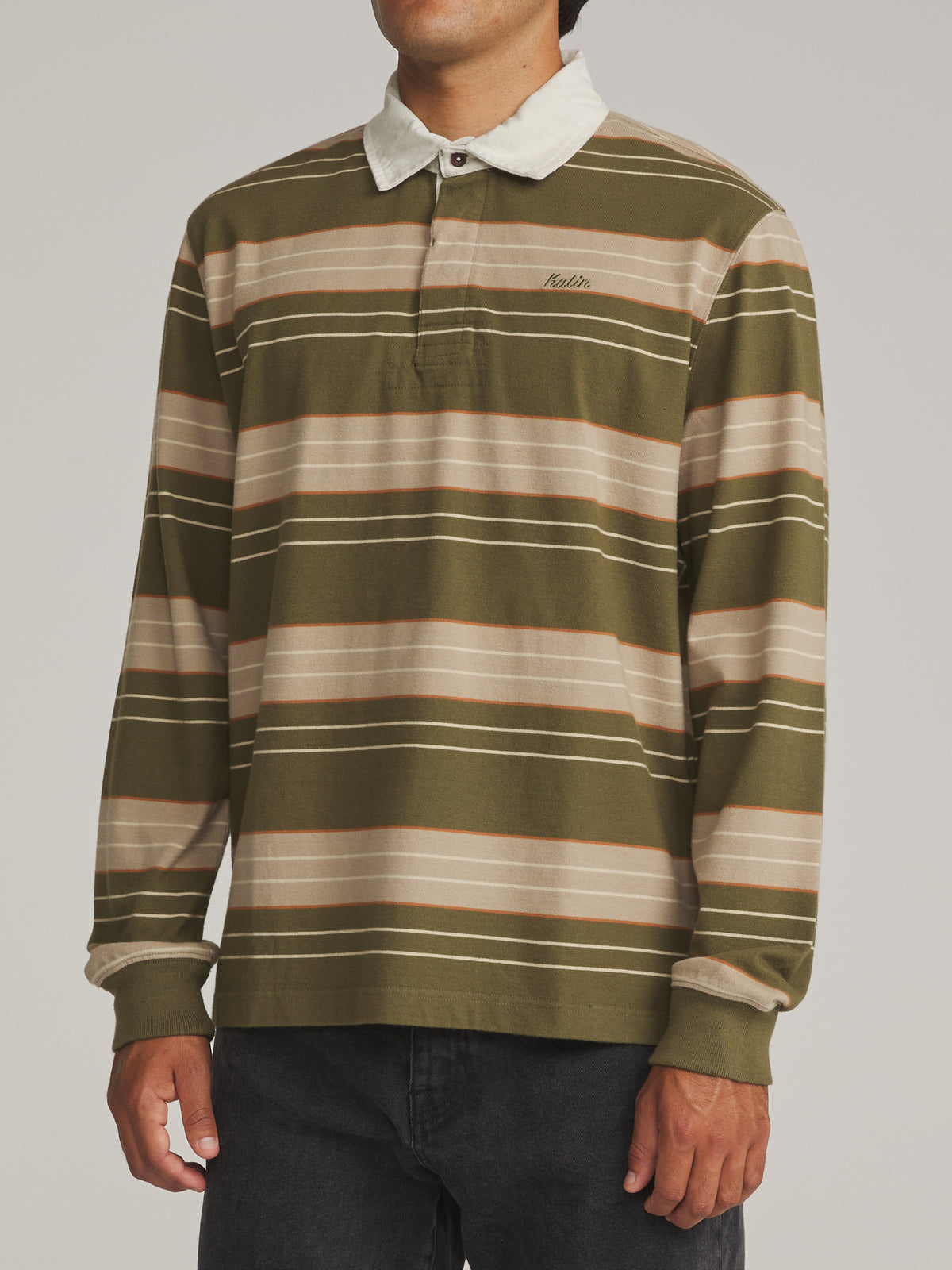 Katin Greg LS Rugby Polo in Olive - worn on model, side